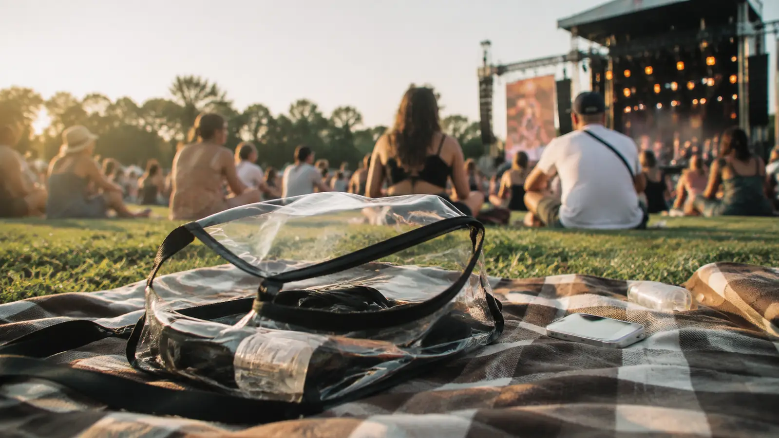 A clear stadium bag on a picnic blanket at an outdoor festival, spare phone, tissues and a folded scarf visible through the vinyl