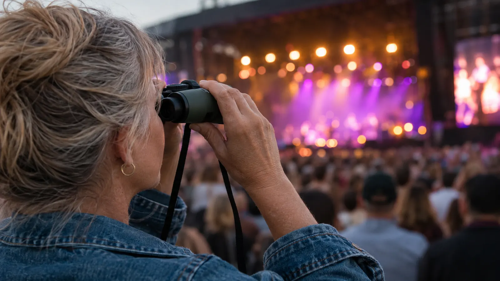 A woman in the stands lifting a small compact pair of binoculars to her eyes at a concert, stage lights around her
