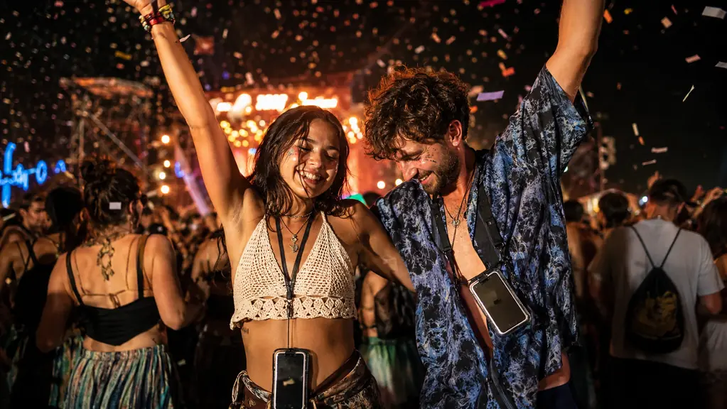 A couple dancing at a festival with hands raised, each phone hanging on a lanyard at the chest