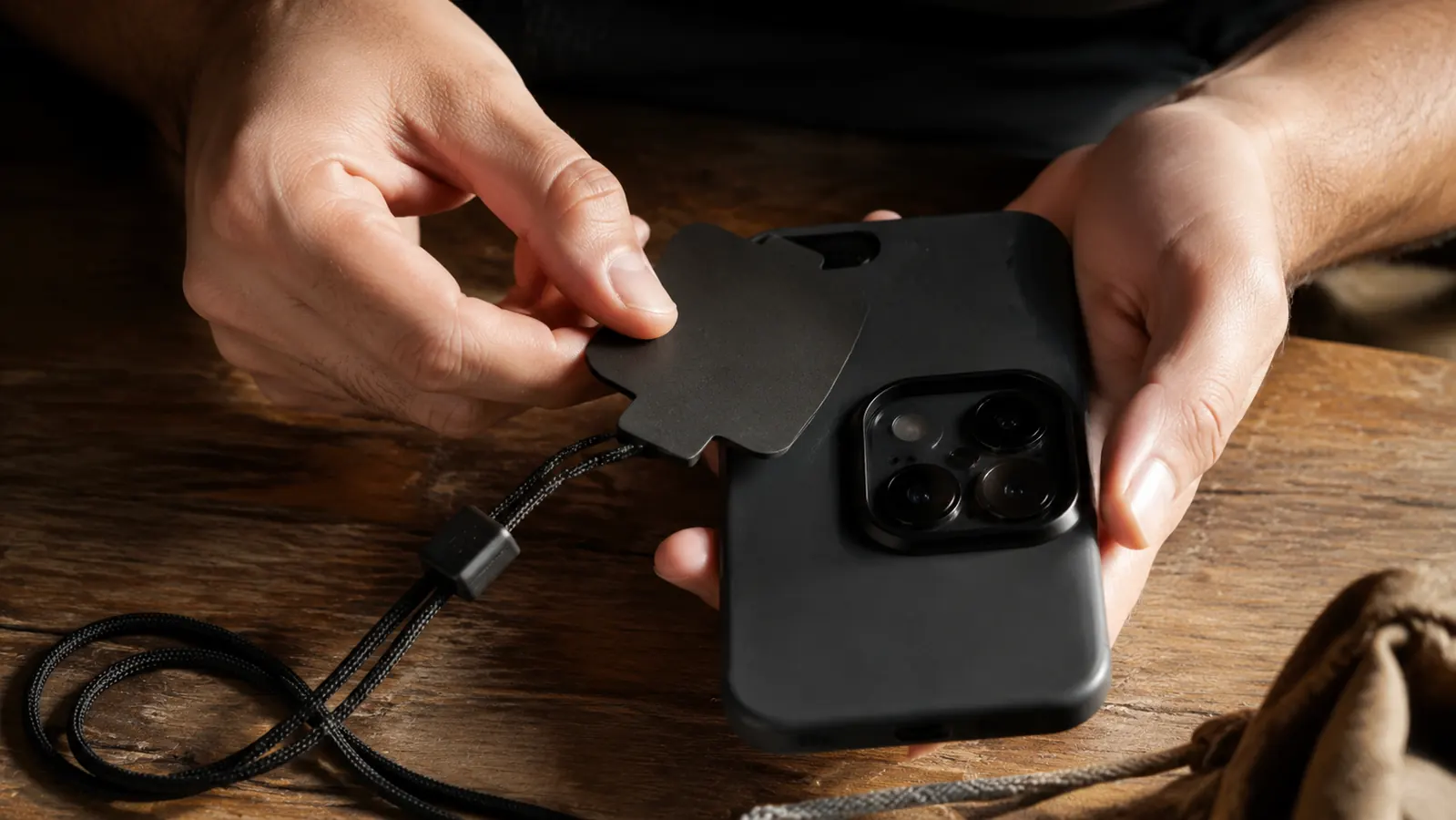A close view of a hand threading the flat end of a lanyard onto the back of a phone in a plain protective case, the cord looped and ready to wear.