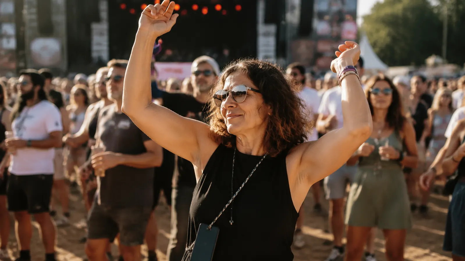 A woman on a festival lawn dances with both hands raised above her head while her phone swings low and secure at her side, warm late-afternoon light.