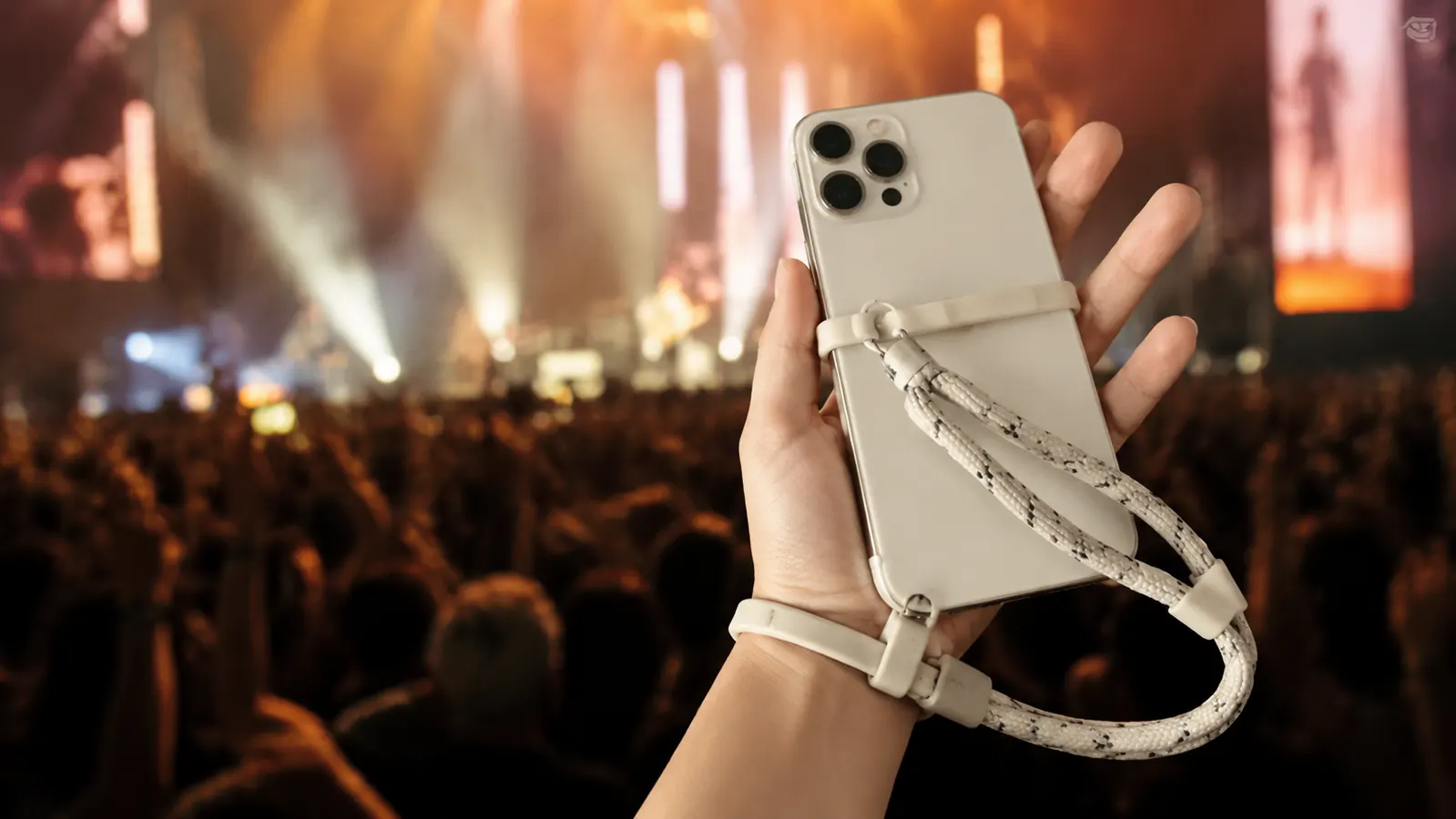 A close view of a hand slipped through the rubber sleeve of the CACOE phone lanyard, the phone held snug against the palm with fingers free to reach up, soft concert bokeh behind