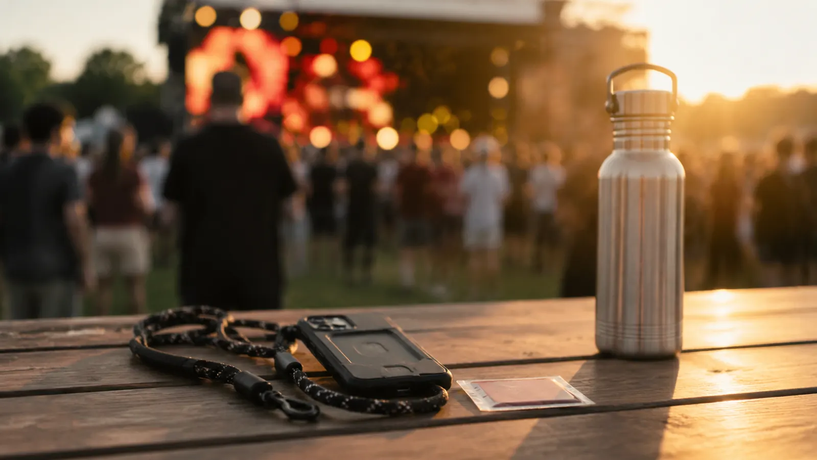 A phone lanyard laid on a wooden picnic bench at golden hour with a sealed lanyard card and a vented gas can beside it, an amber crowd and blurred stage lights behind