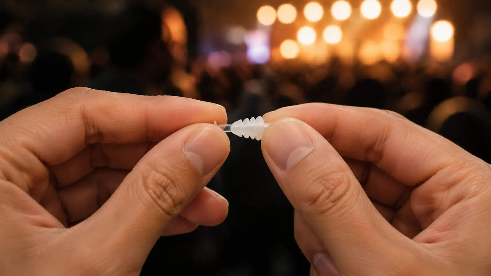 A close-up of two hands, one rolling a small high-fidelity earplug between thumb and finger before the other guides it gently into an ear.