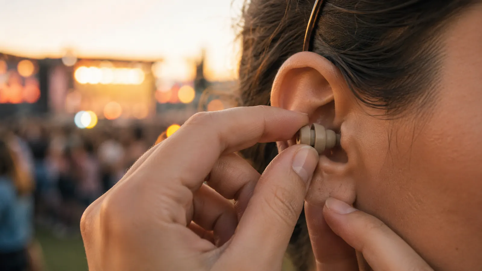 A hand guides a small earbud style ear plug into an ear while people blurred in a crowd dance in the background.
