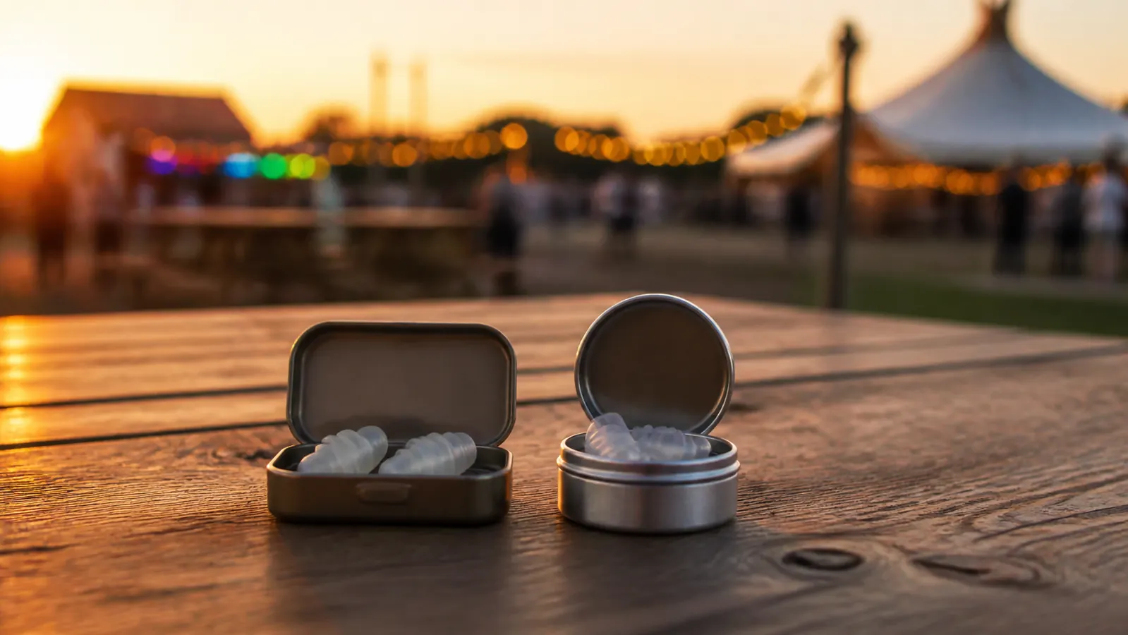Two small carry cases sit side by side on a weathered wooden festival picnic table, a slim metal tin and a round pillbox style case, in warm evening light.