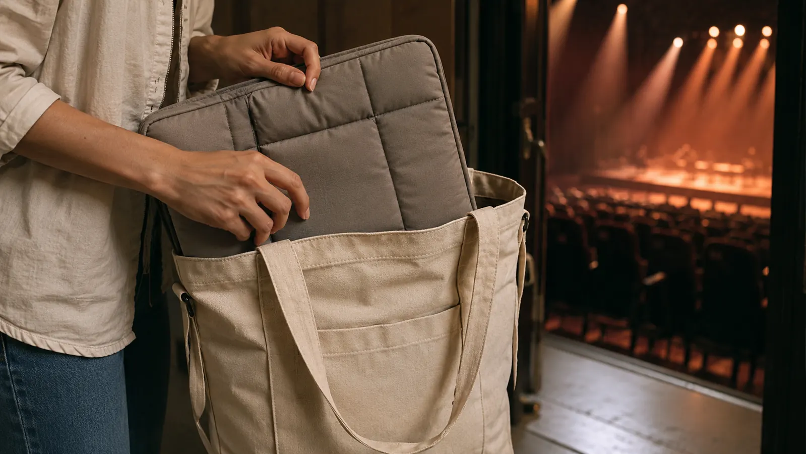 A hand folding a padded stadium seat flat into a tote bag with a shoulder strap, warm venue light, packing for a show.