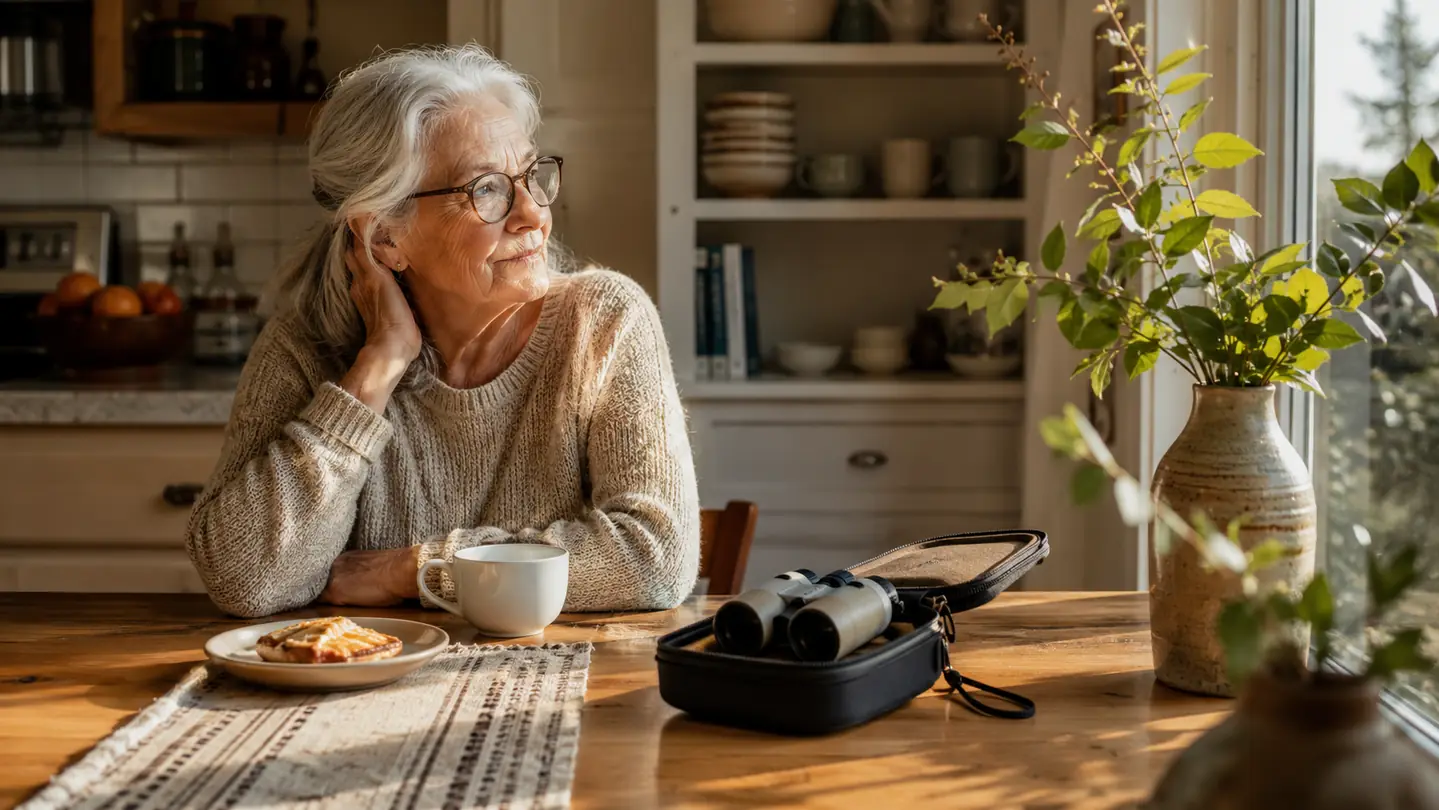 A woman in a cream top at a kitchen table in bright morning light, a small compact binocular case resting on the table next to her tea