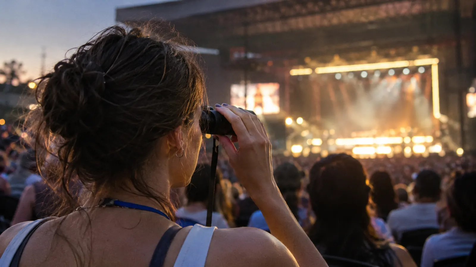 A concert goer seen from behind raising a small compact pair of binoculars to her eyes, the far stage glowing warm ahead of a dark crowd