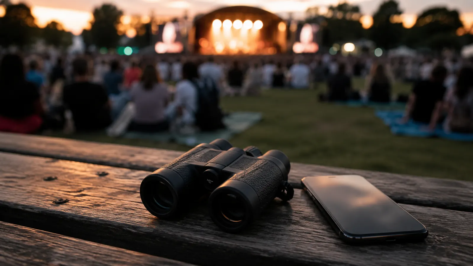 A small binocular settled on a wooden bench beside a phone, warm evening light and a blurred lawn crowd behind
