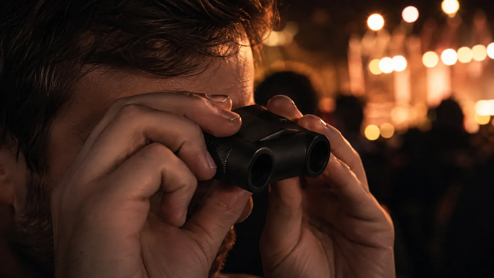 A person's hands raising a small compact binocular to one eye at an outdoor concert, the stage lights blurred behind a crowd.