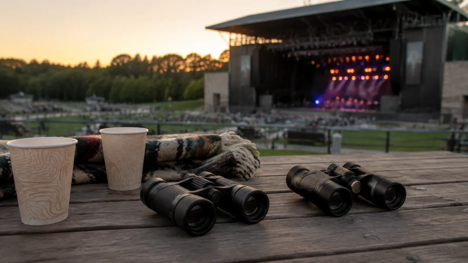 Two small compact binoculars resting side by side on a wooden picnic table with two cups and a folded show blanket.