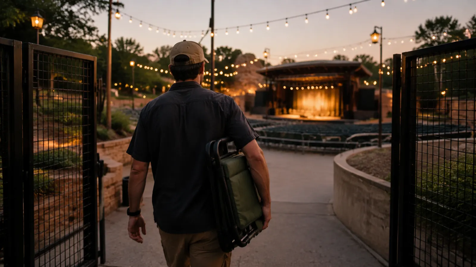 A folded portable stadium seat tucked under one arm while walking through an evening venue gate strung with lights