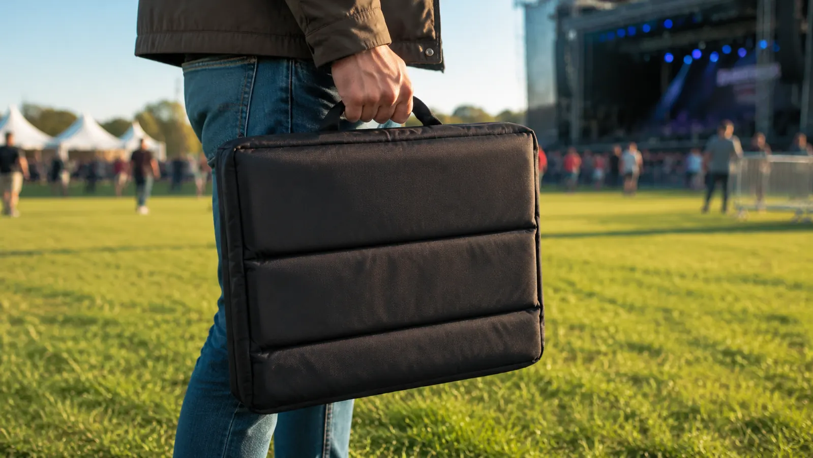 A hand lifting a folded padded folding stadium seat by its zipped top handle while crossing a sunny lawn