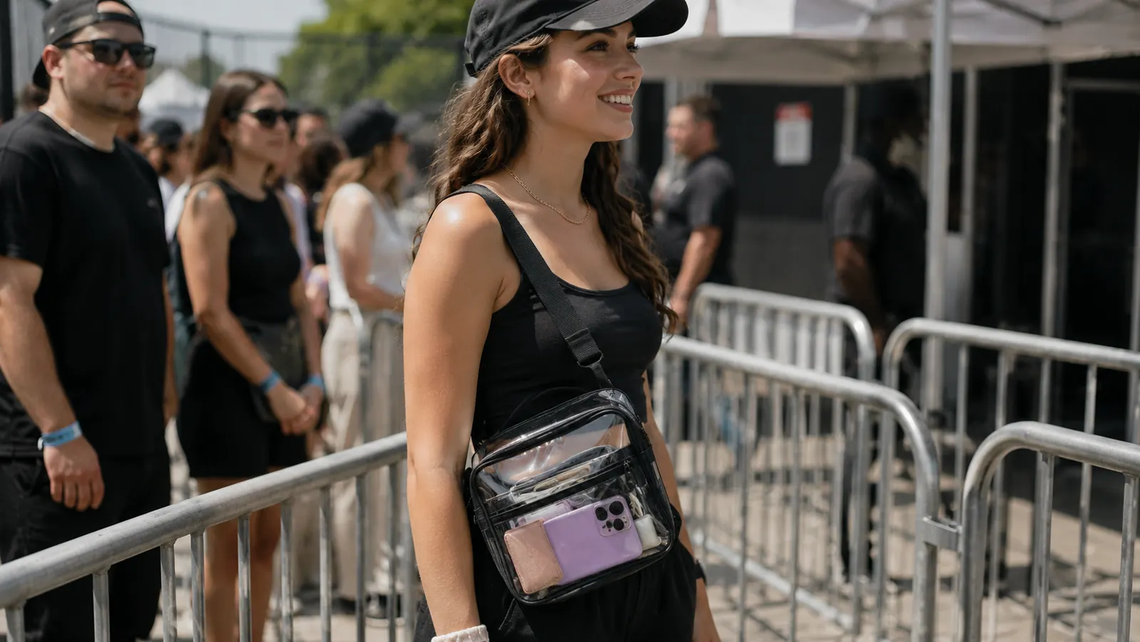A clear transparent messenger bag worn crossbody, contents visible through the side panel as its owner waits in a snaking security line