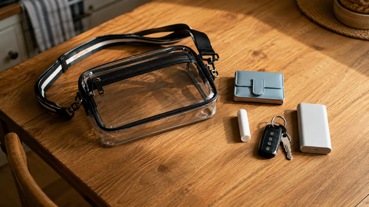 A clear transparent bag laid flat on a wooden table with its few contents lined up beside it: a small wallet, lip balm, keys and a compact power bank