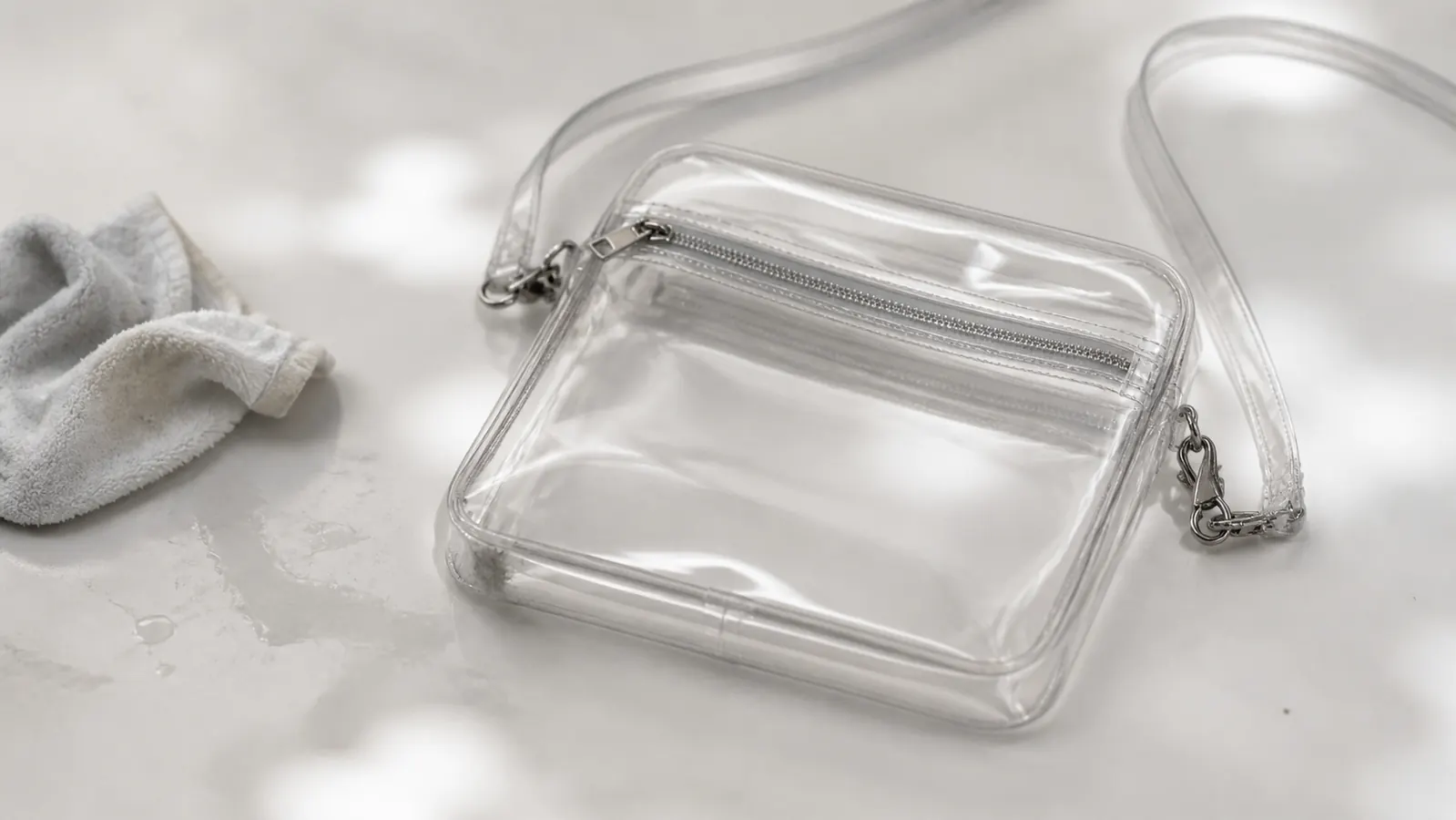 The transparent bag laid beside a damp cloth after a rinse, with a light scuff on one lower corner