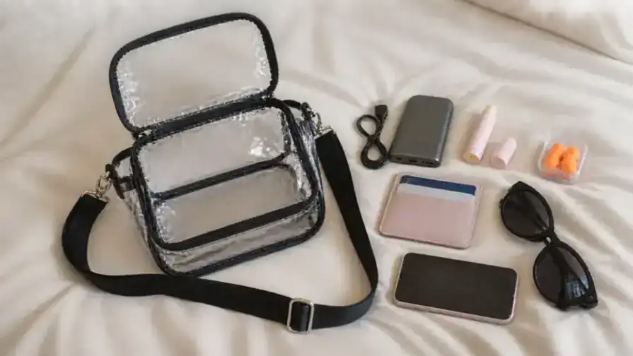 The transparent bag packed with a power bank, lip balm, card pouch and reading foam earplugs laid flat on a bed